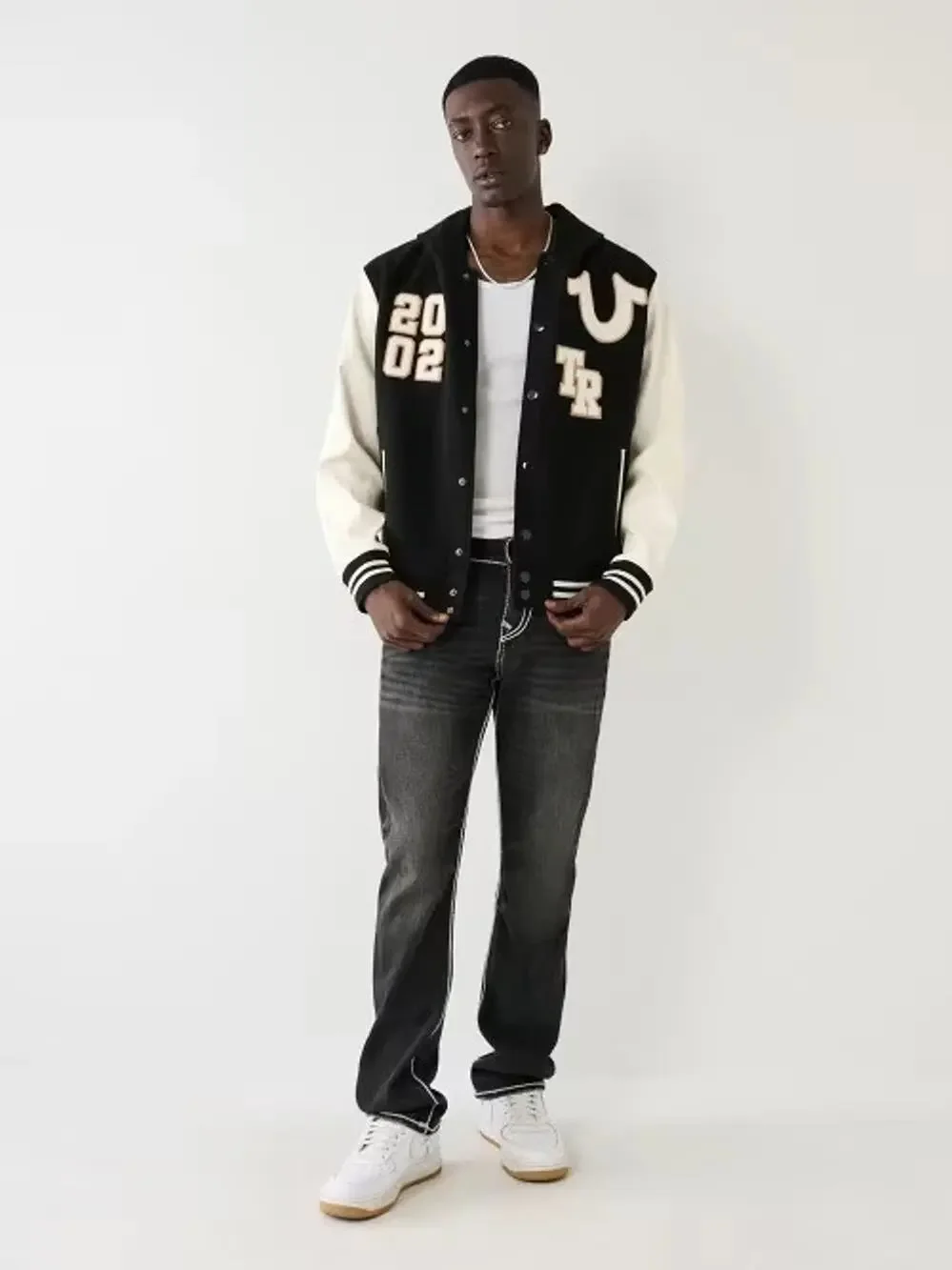 True Religion Men's Varsity Jacket -Black/White/Tan Snap Hooded Logo NWT XL